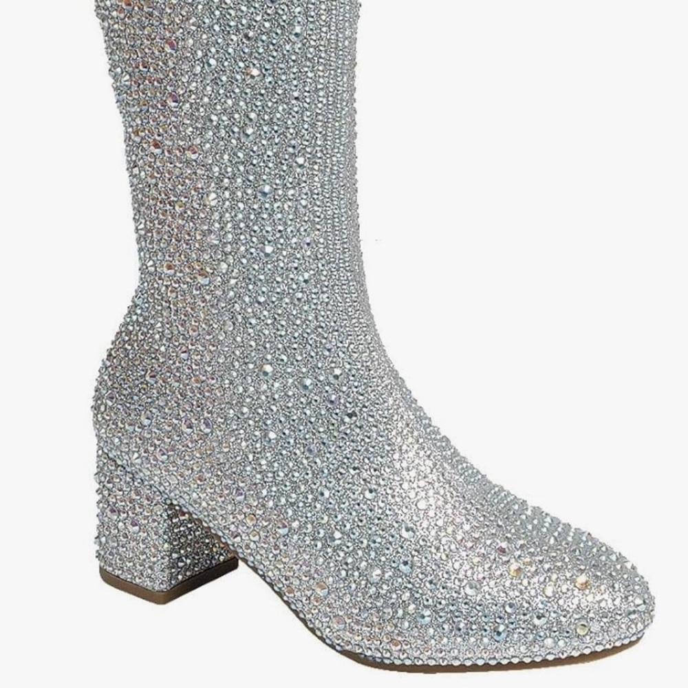 Girls Rhinestone Silver Mid-Heel Block Boot